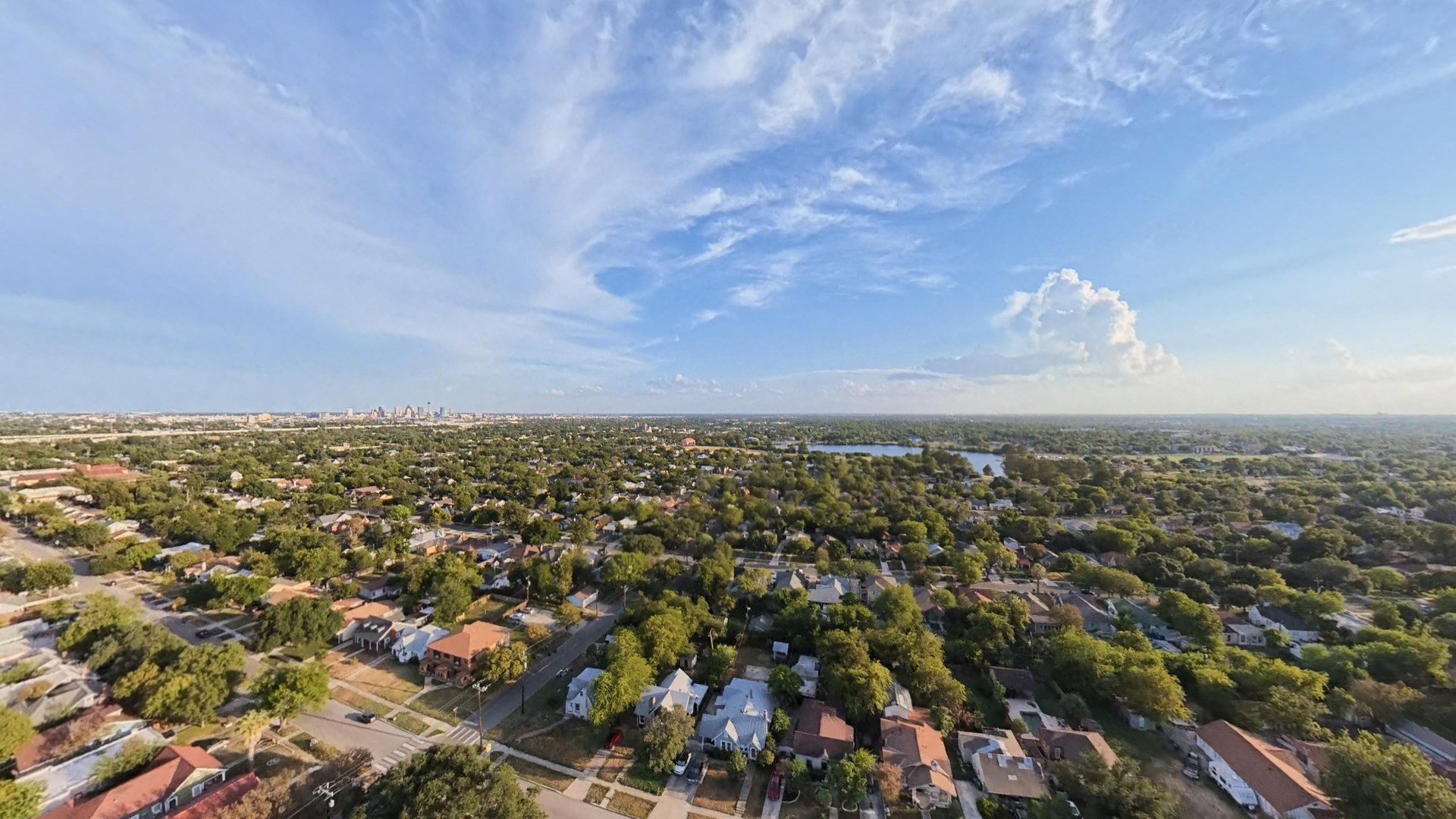 High aerial view of Mulberry and the surrounding streets and trees of San Antonio